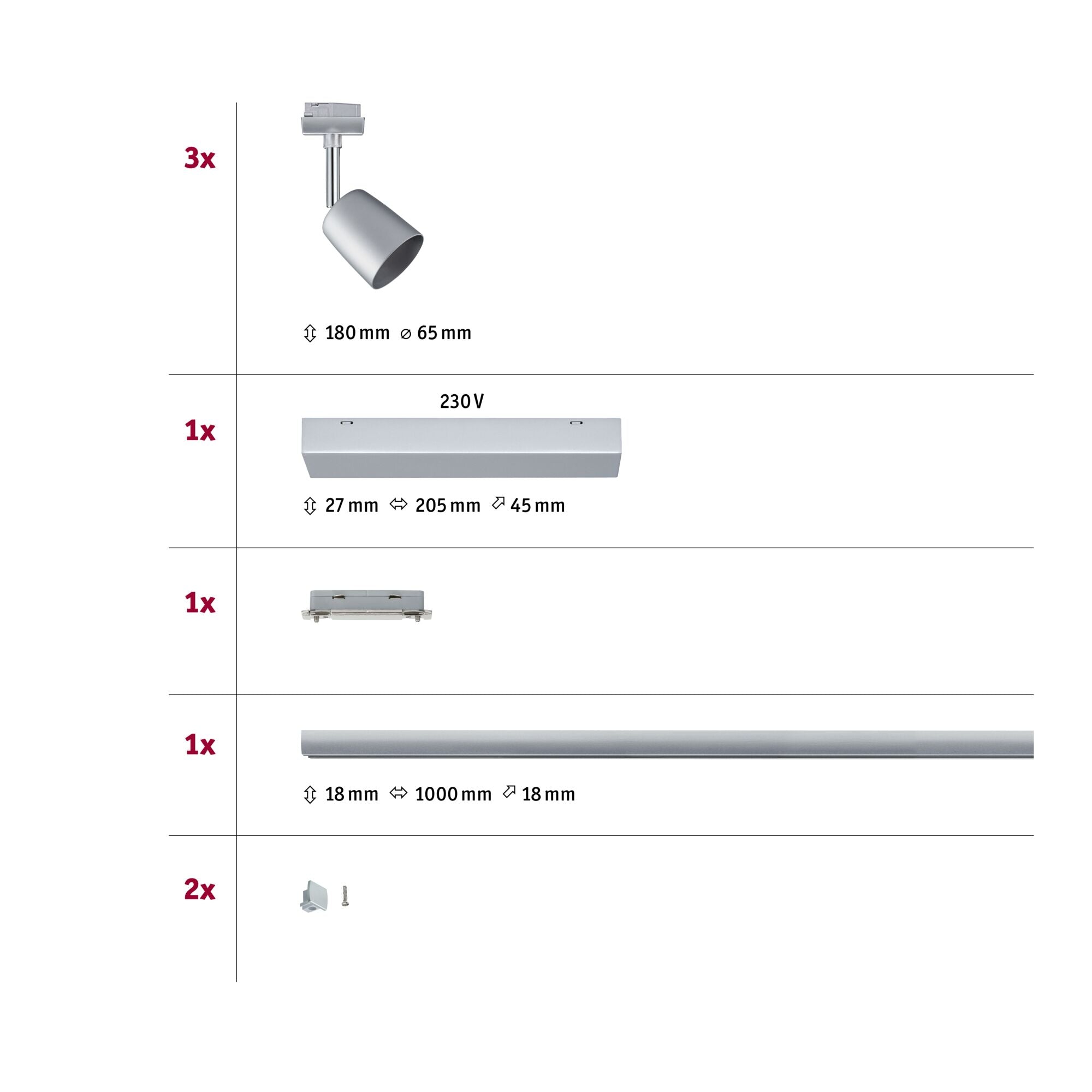 URail Schienenspot Cover Basisset GU10 max. 3x10W dimmbar 230V Chrom matt/Chrom